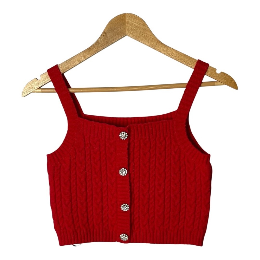 Papaya Red Cable Knit Crop Top Jeweled Button Sleeveless‎ Tank Women Size Small